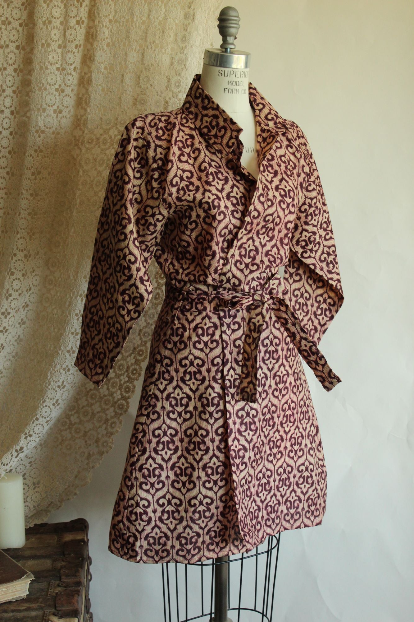 Vintage 1960s 1970s Burgundy and Ivory Batik Print Wrap Dress