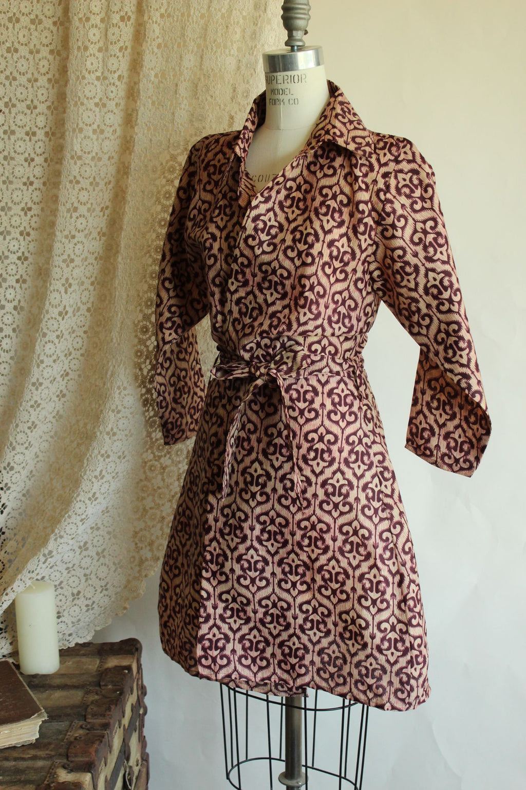 Vintage 1960s 1970s Burgundy and Ivory Batik Print Wrap Dress