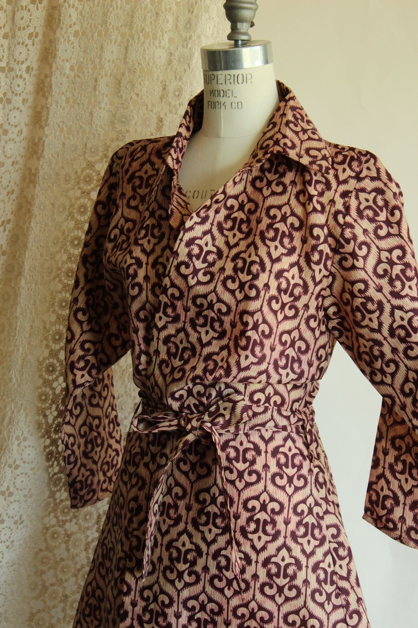 Vintage 1960s 1970s Burgundy and Ivory Batik Print Wrap Dress