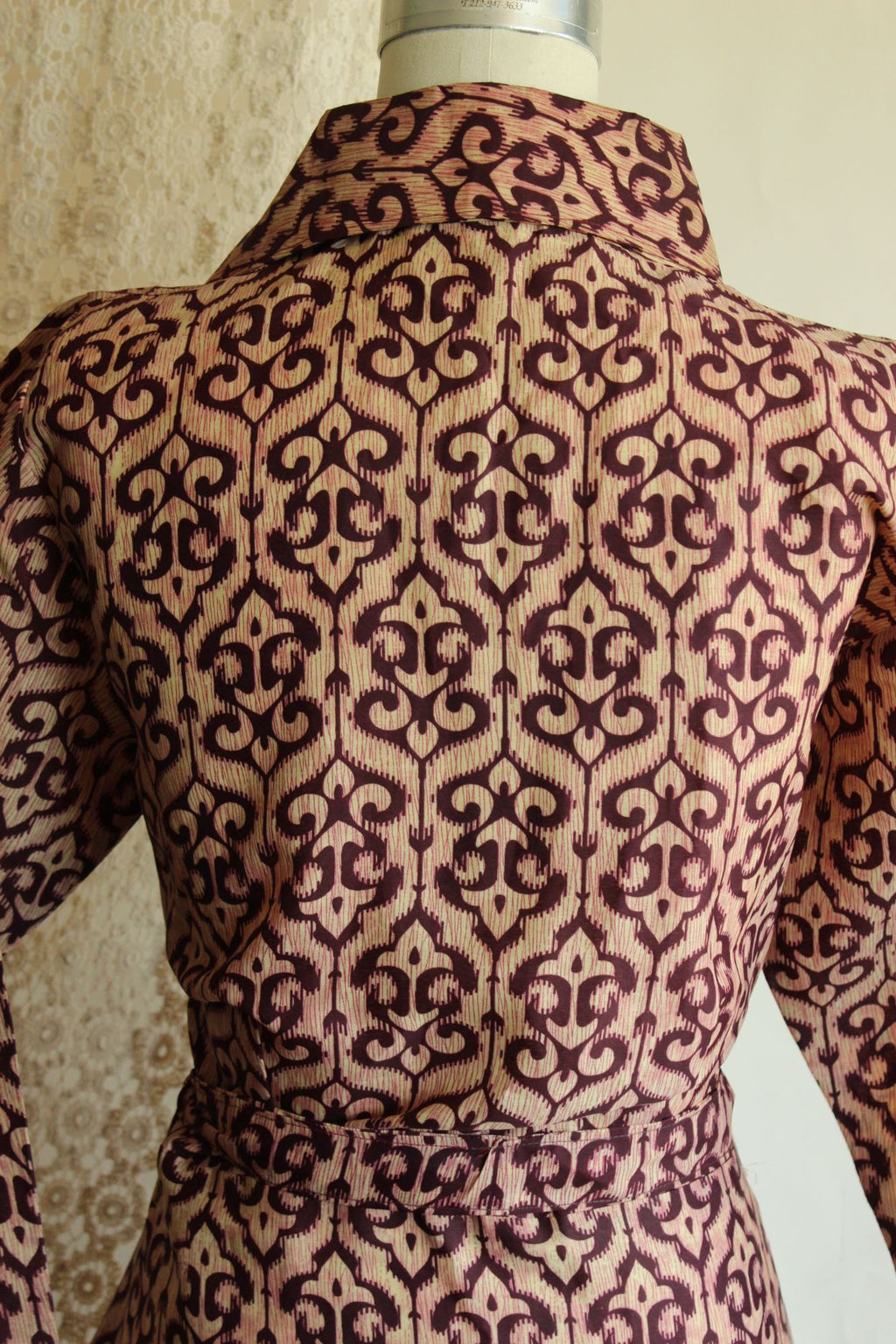 Vintage 1960s 1970s Burgundy and Ivory Batik Print Wrap Dress