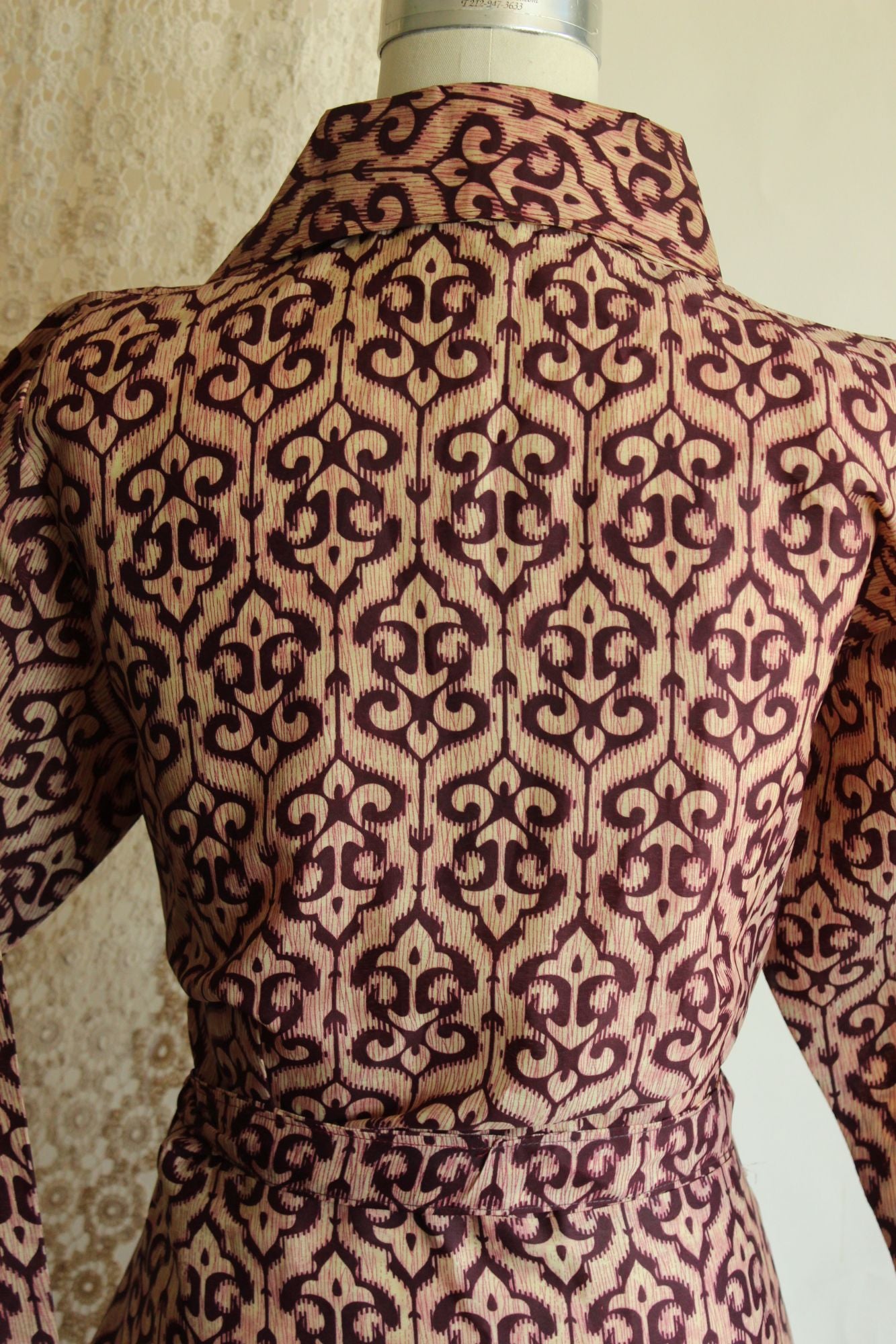 Vintage 1960s 1970s Burgundy and Ivory Batik Print Wrap Dress