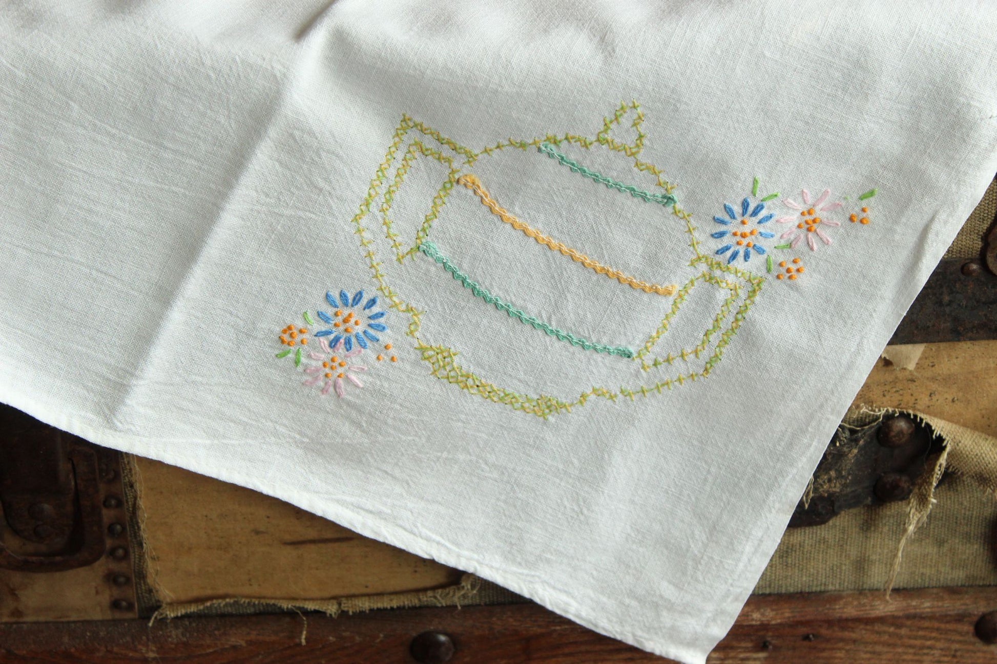 Vintage 1950s Feedsack Tablecloth with Teapot Cross-stitch