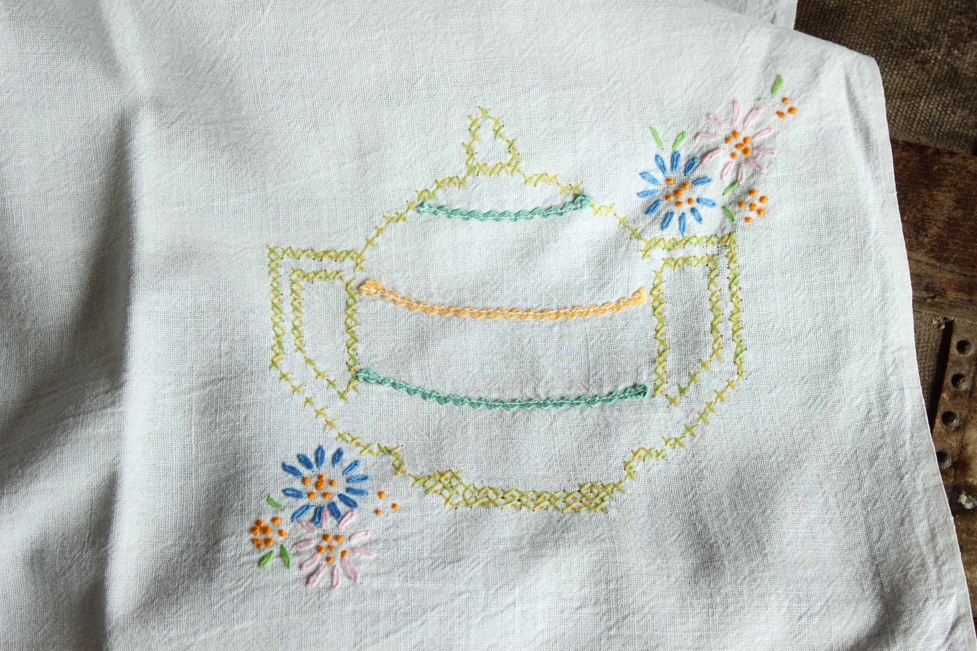 Vintage 1950s Feedsack Tablecloth with Teapot Cross-stitch