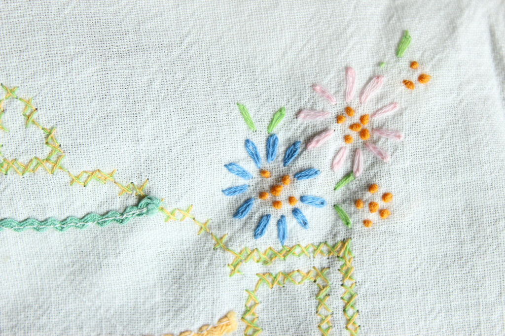 Vintage 1950s Feedsack Tablecloth with Teapot Cross-stitch