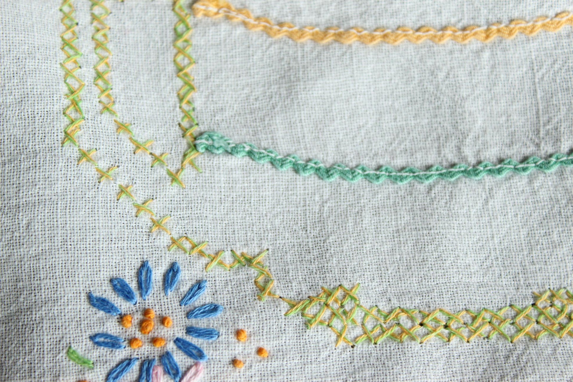 Vintage 1950s Feedsack Tablecloth with Teapot Cross-stitch