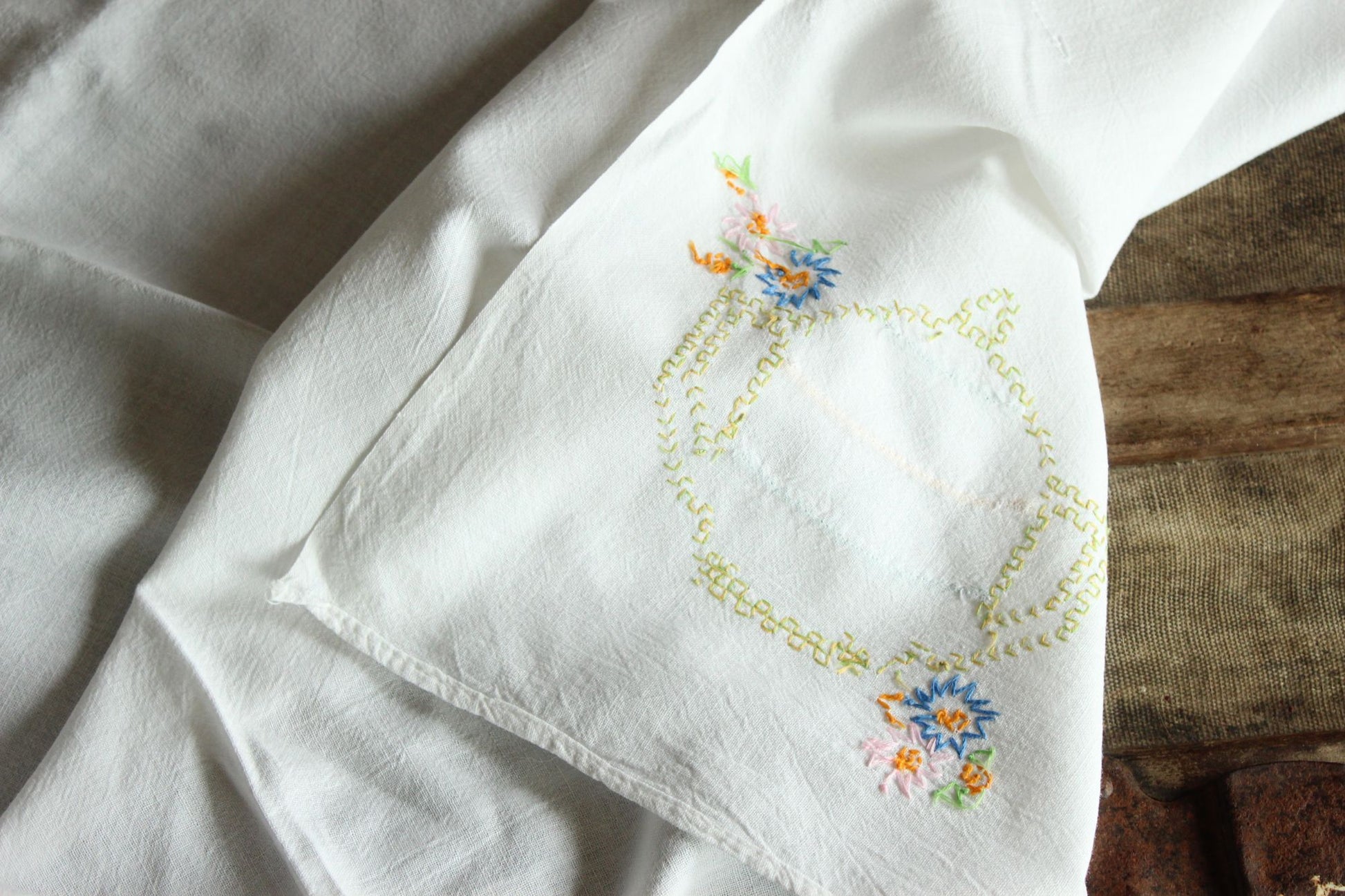 Vintage 1950s Feedsack Tablecloth with Teapot Cross-stitch
