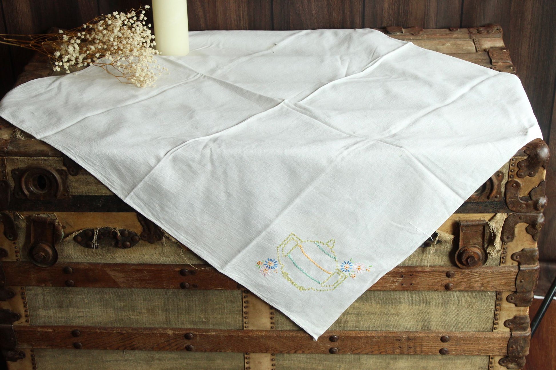 Vintage 1950s Feedsack Tablecloth with Teapot Cross-stitch