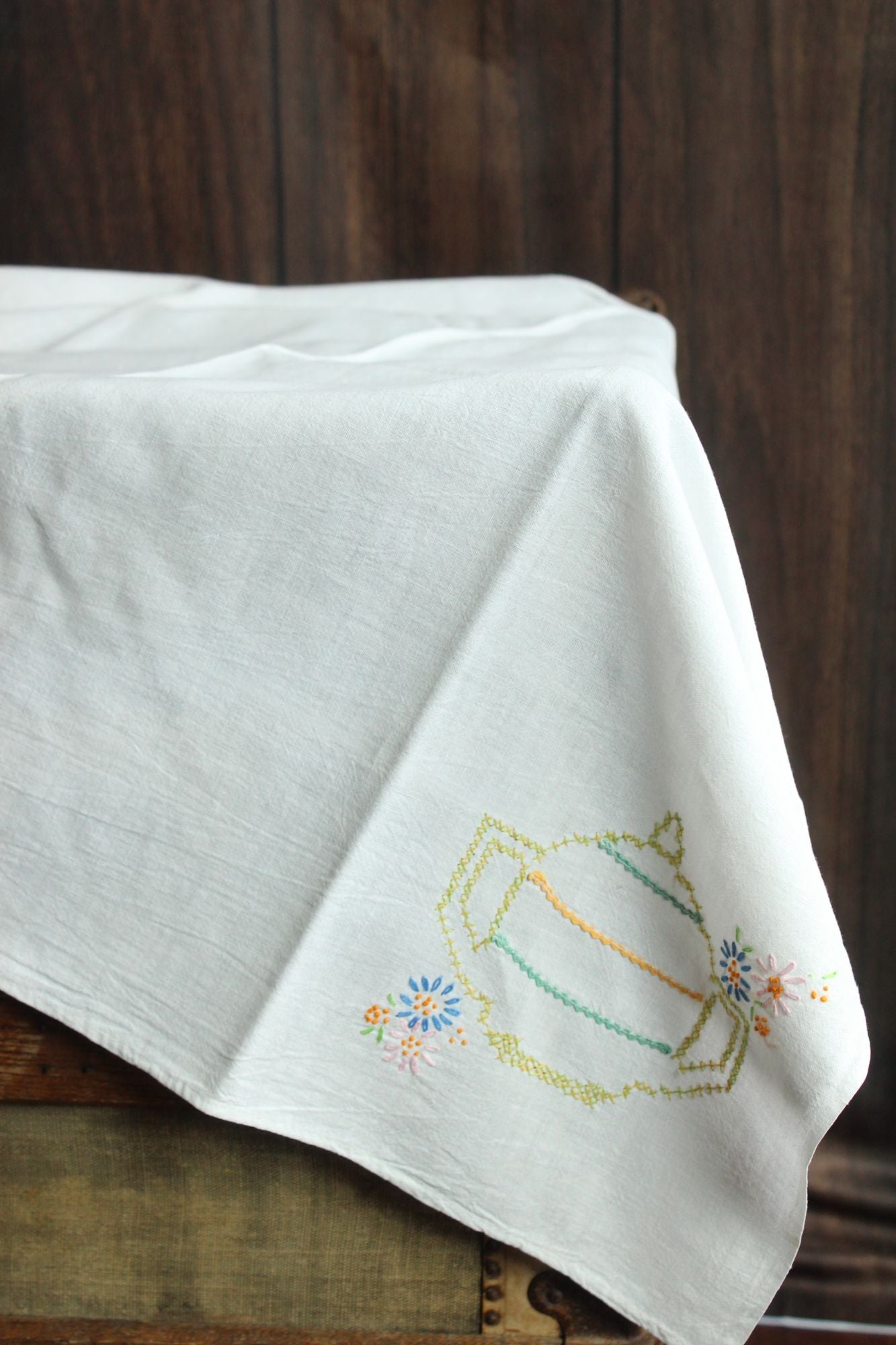 Vintage 1950s Feedsack Tablecloth with Teapot Cross-stitch