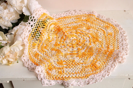Vintage 1960s Orange Yellow and White Crochet Doily