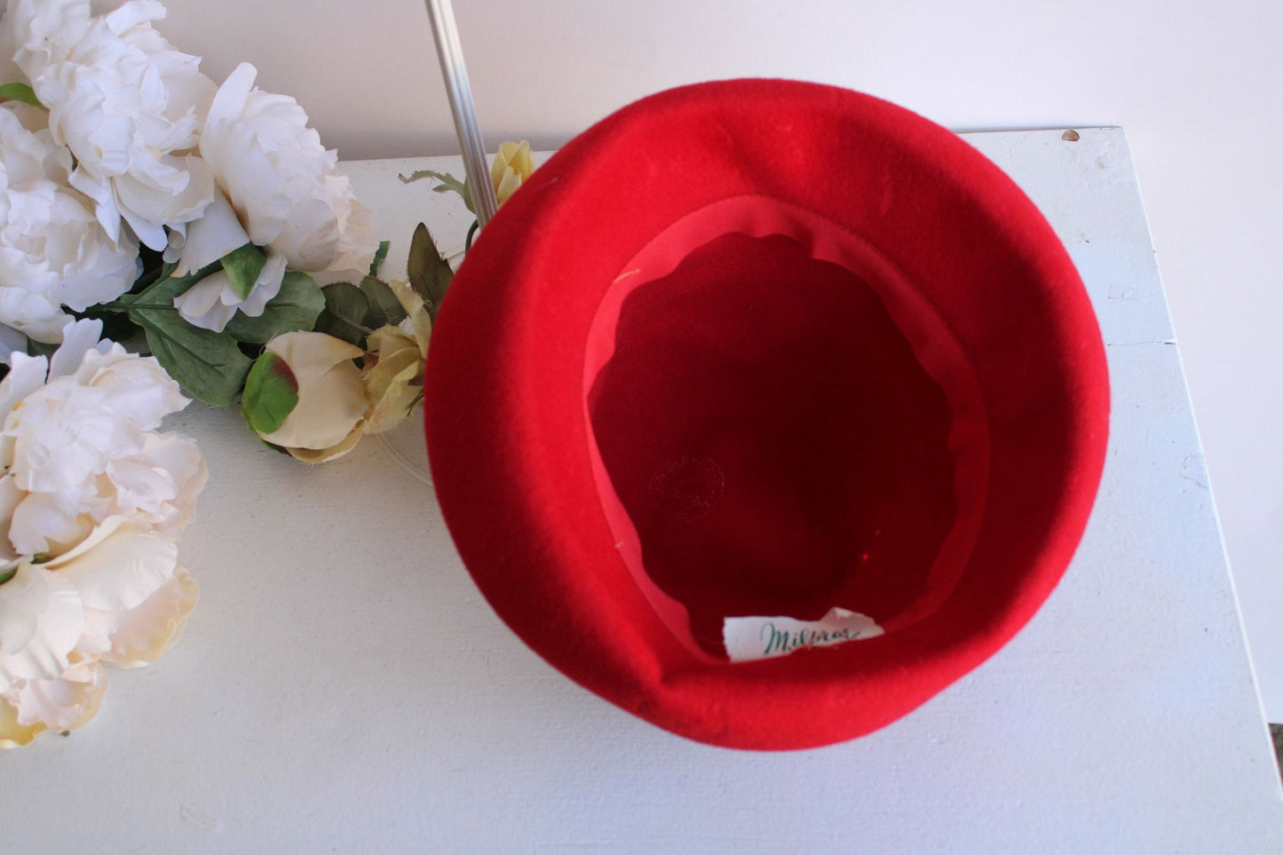Vintage 1960s Milbrae Red Wool Bucket Hat with Grosgrain Ribbon Bow