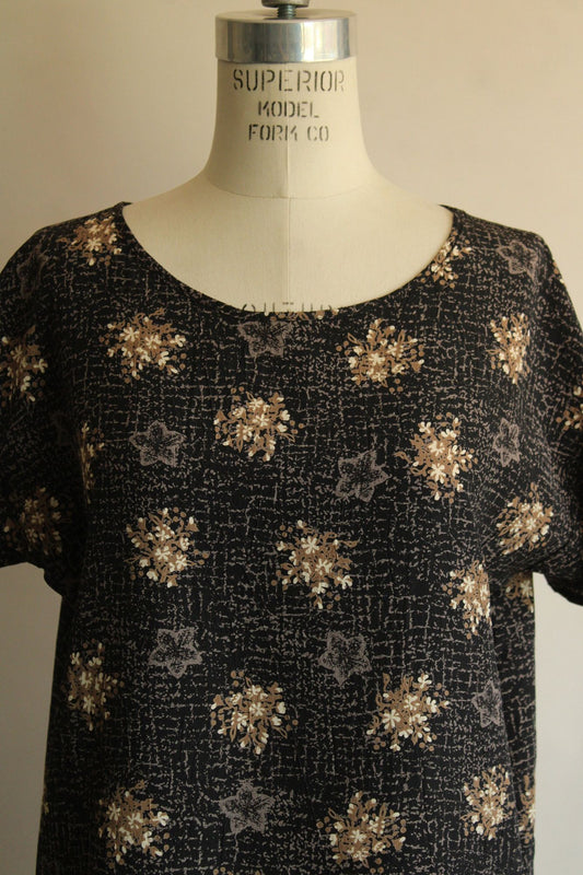 Vintage 1990s Black and Gold and Gray Floral Print Top