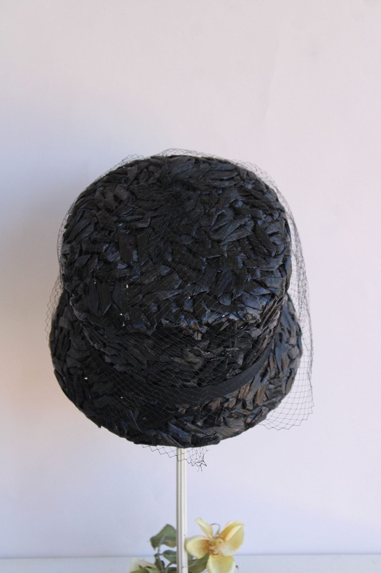 Vintage 1960s Original by Dayne Black Straw Bucket Hat With Veil