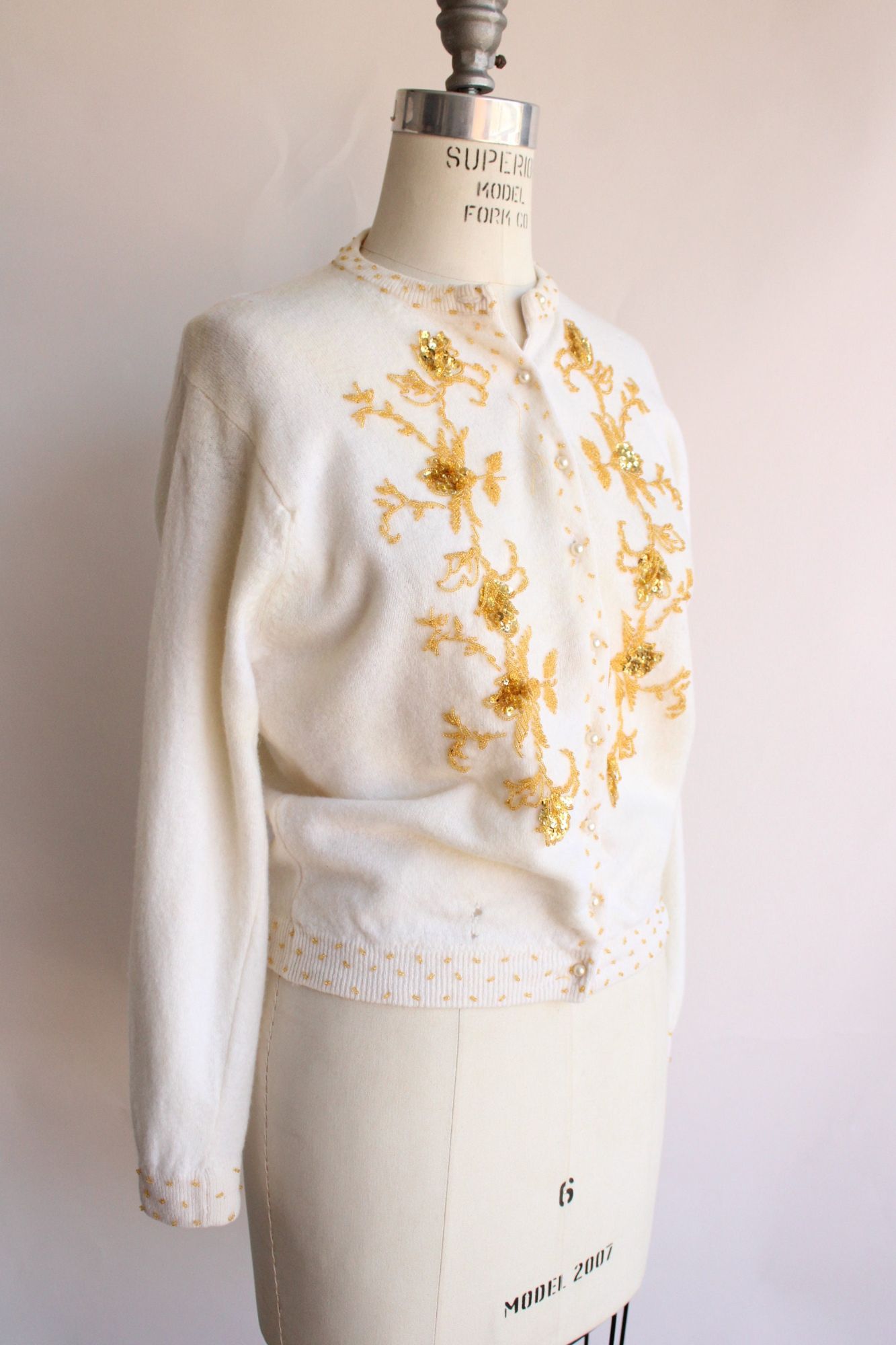 Vintage 1960s CReam with Gold Beaded Lambswool Sweater,