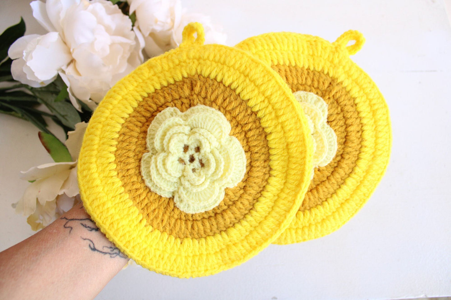 Vintage 1960s Crochet Yellow Flower Hot Pads