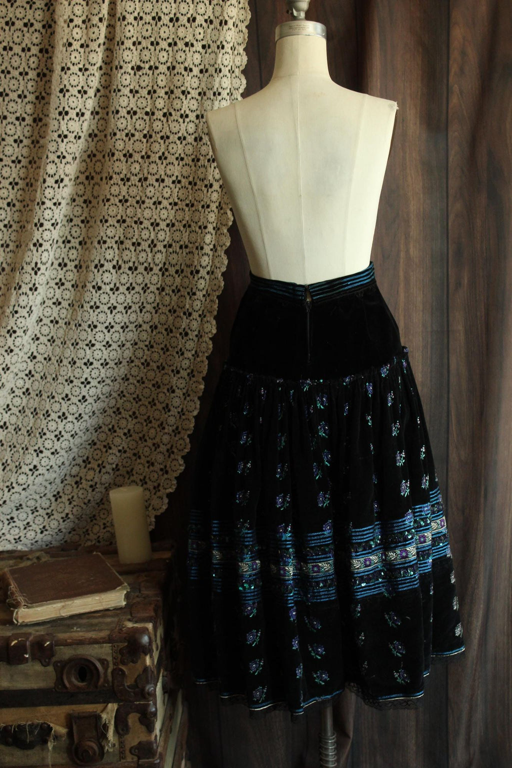 Vintage 1970s Volup Black Velvet Folk Dirndl Style Skirt
