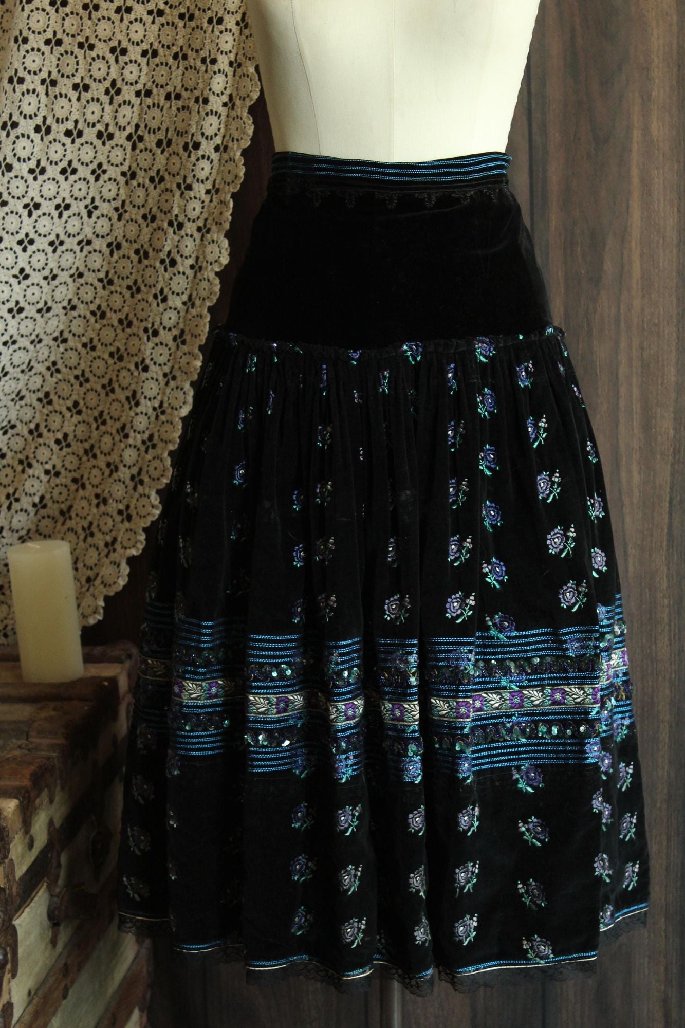 Vintage 1970s Volup Black Velvet Folk Dirndl Style Skirt