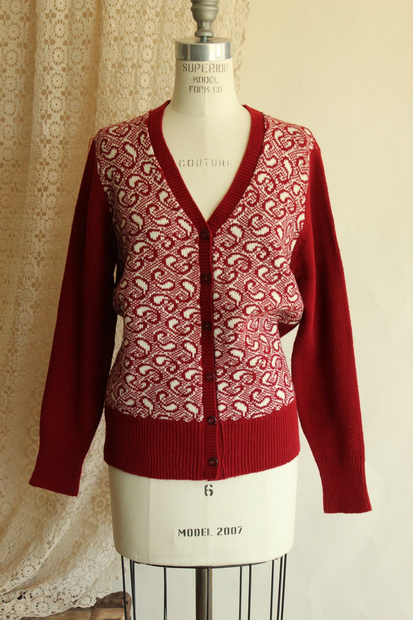 Vintage 1970s Cardigan Sweater in Red and White Paisley