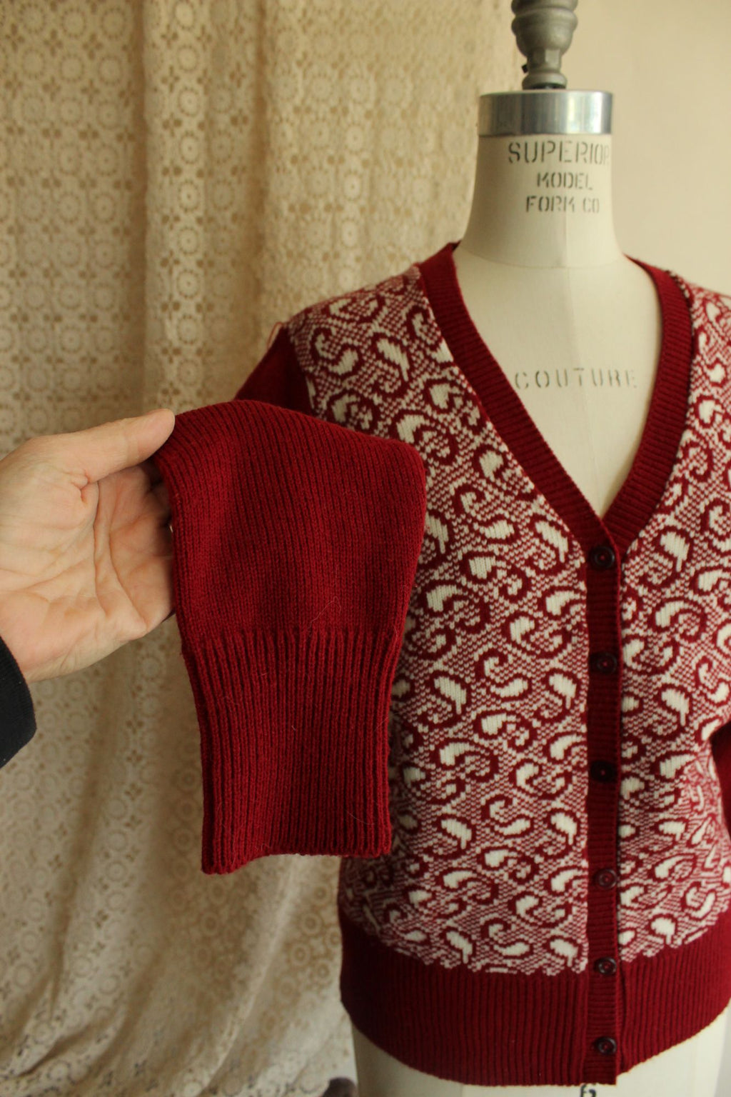 Vintage 1970s Cardigan Sweater in Red and White Paisley