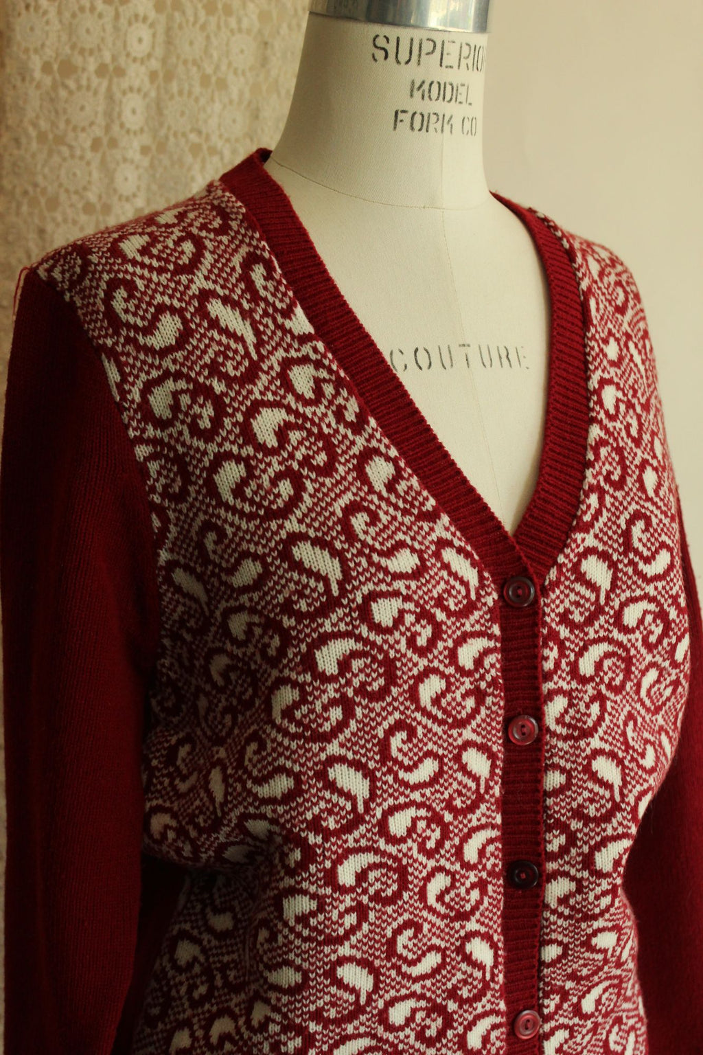 Vintage 1970s Cardigan Sweater in Red and White Paisley