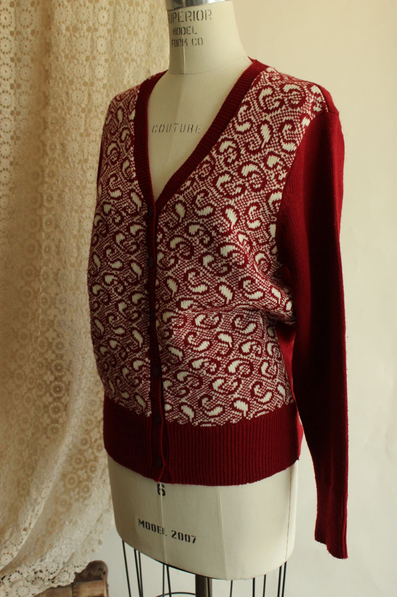Vintage 1970s Cardigan Sweater in Red and White Paisley