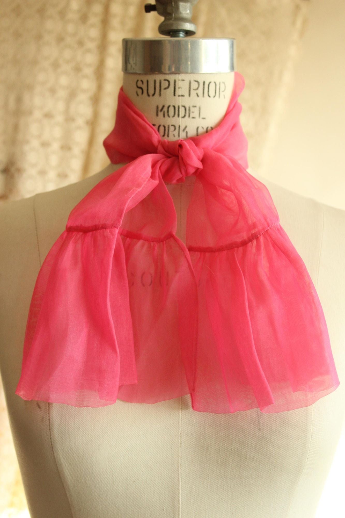 Vintage 1950s 1960s Pink Organdy Chiffon Scarf or Hair Tie