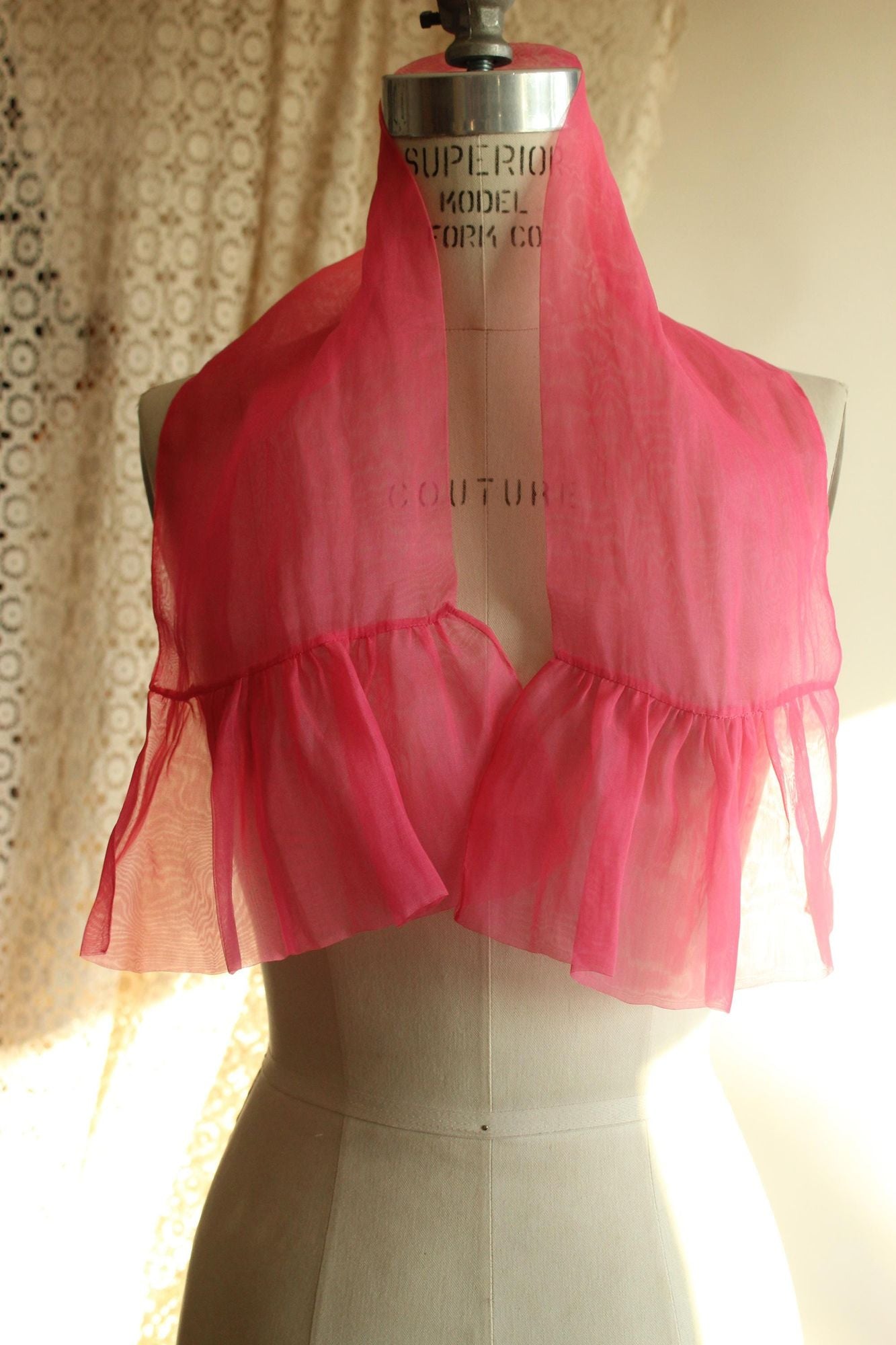 Vintage 1950s 1960s Pink Organdy Chiffon Scarf or Hair Tie