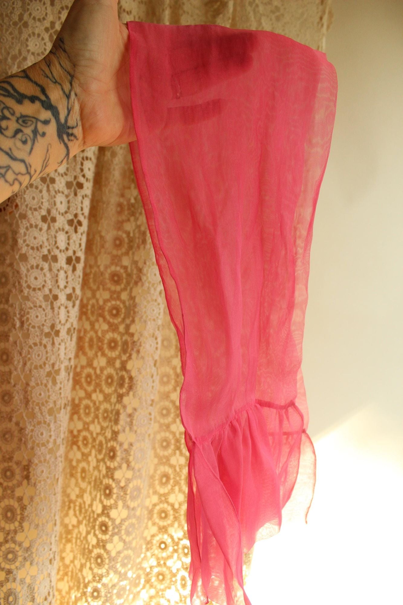 Vintage 1950s 1960s Pink Organdy Chiffon Scarf or Hair Tie