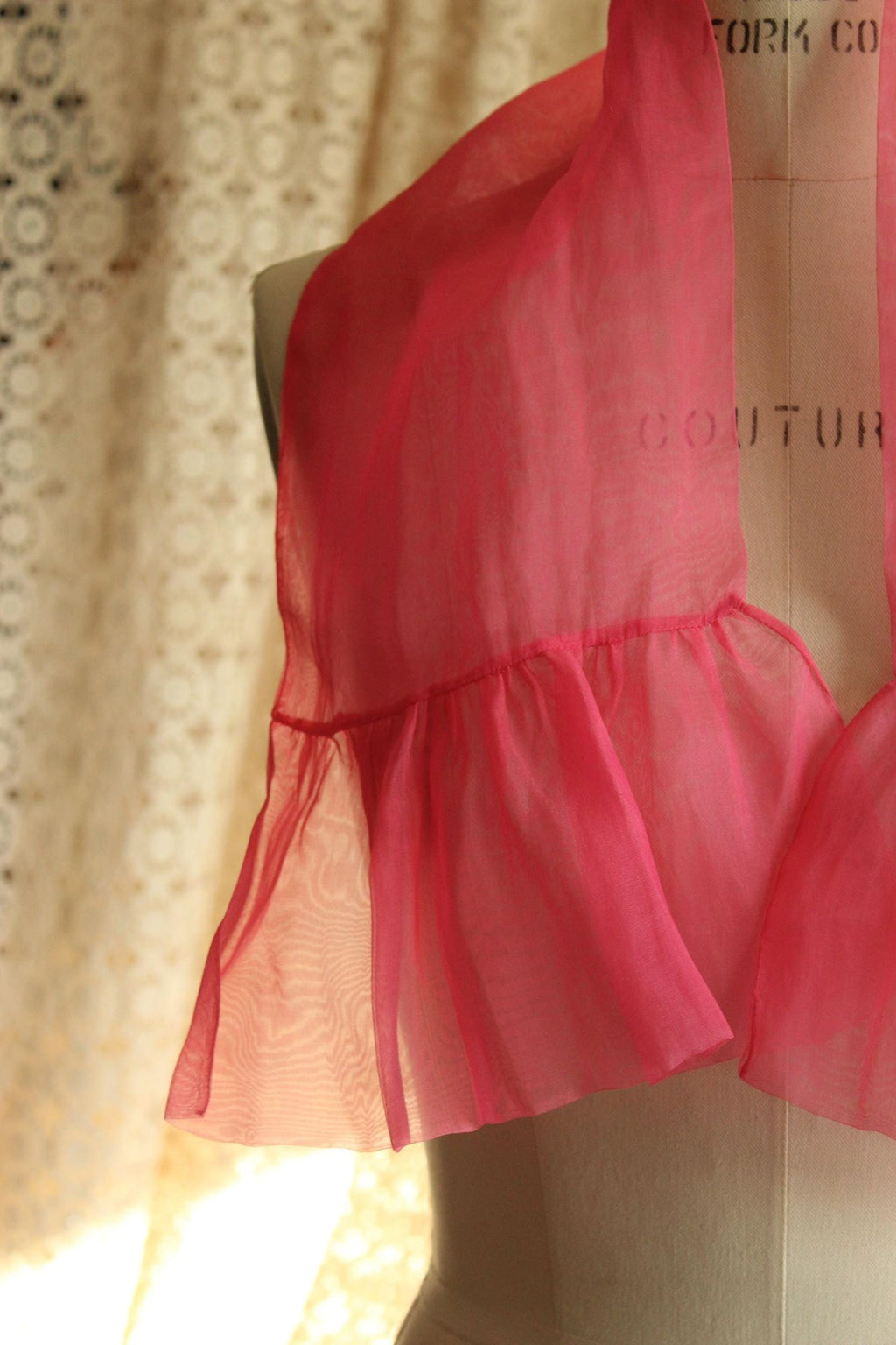 Vintage 1950s 1960s Pink Organdy Chiffon Scarf or Hair Tie