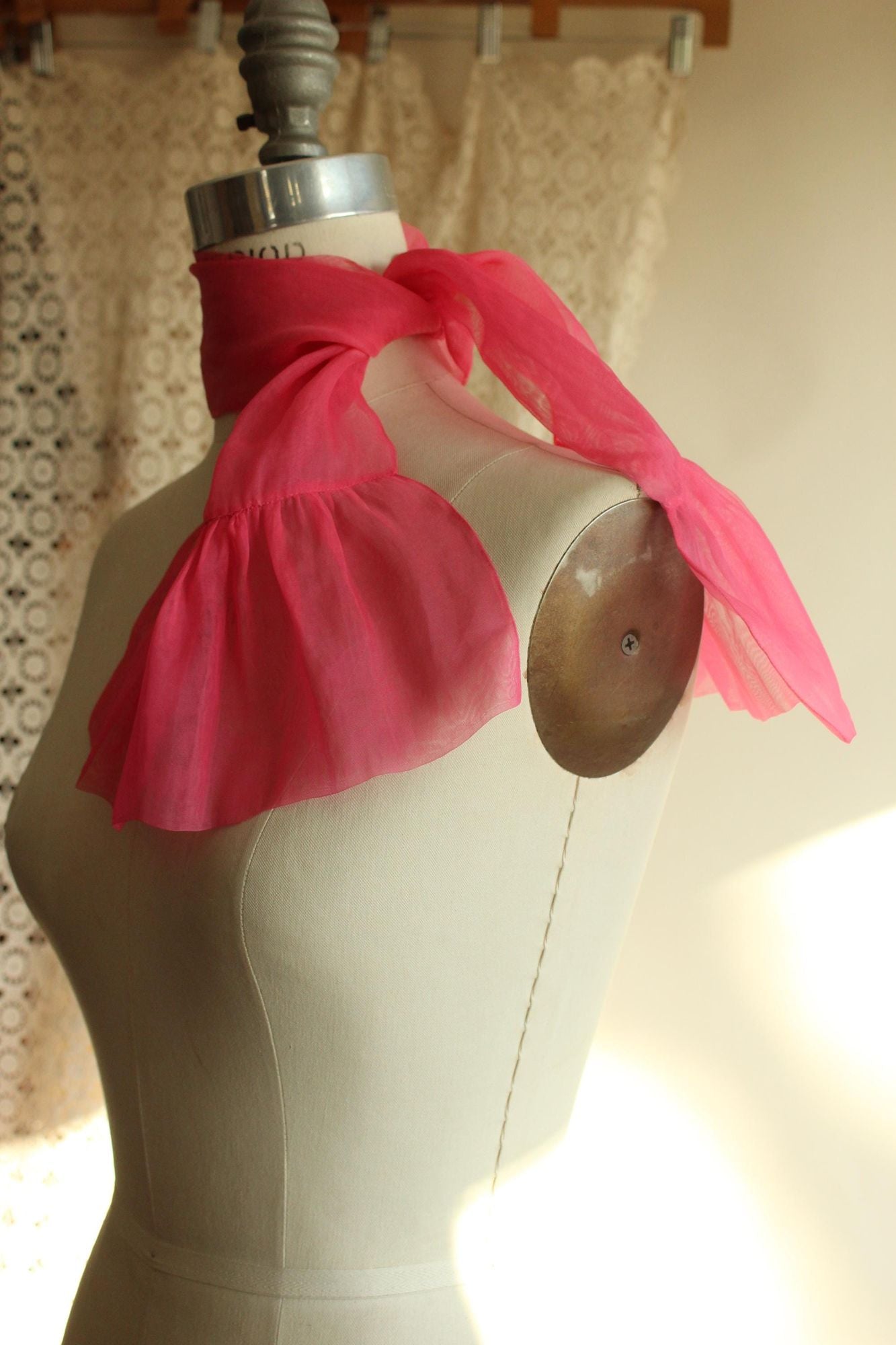 Vintage 1950s 1960s Pink Organdy Chiffon Scarf or Hair Tie