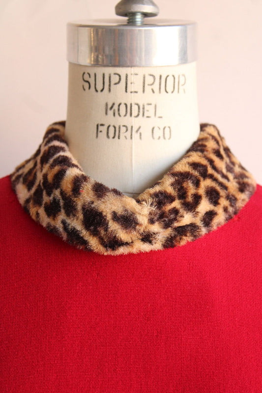 Vintage 1960s Dress in Red Wool with Leopard Print Collar