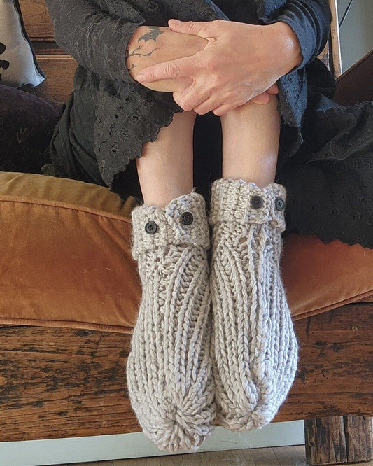 Icicle Hand Knit Slipper Socks in Gray with Vintage Buttons