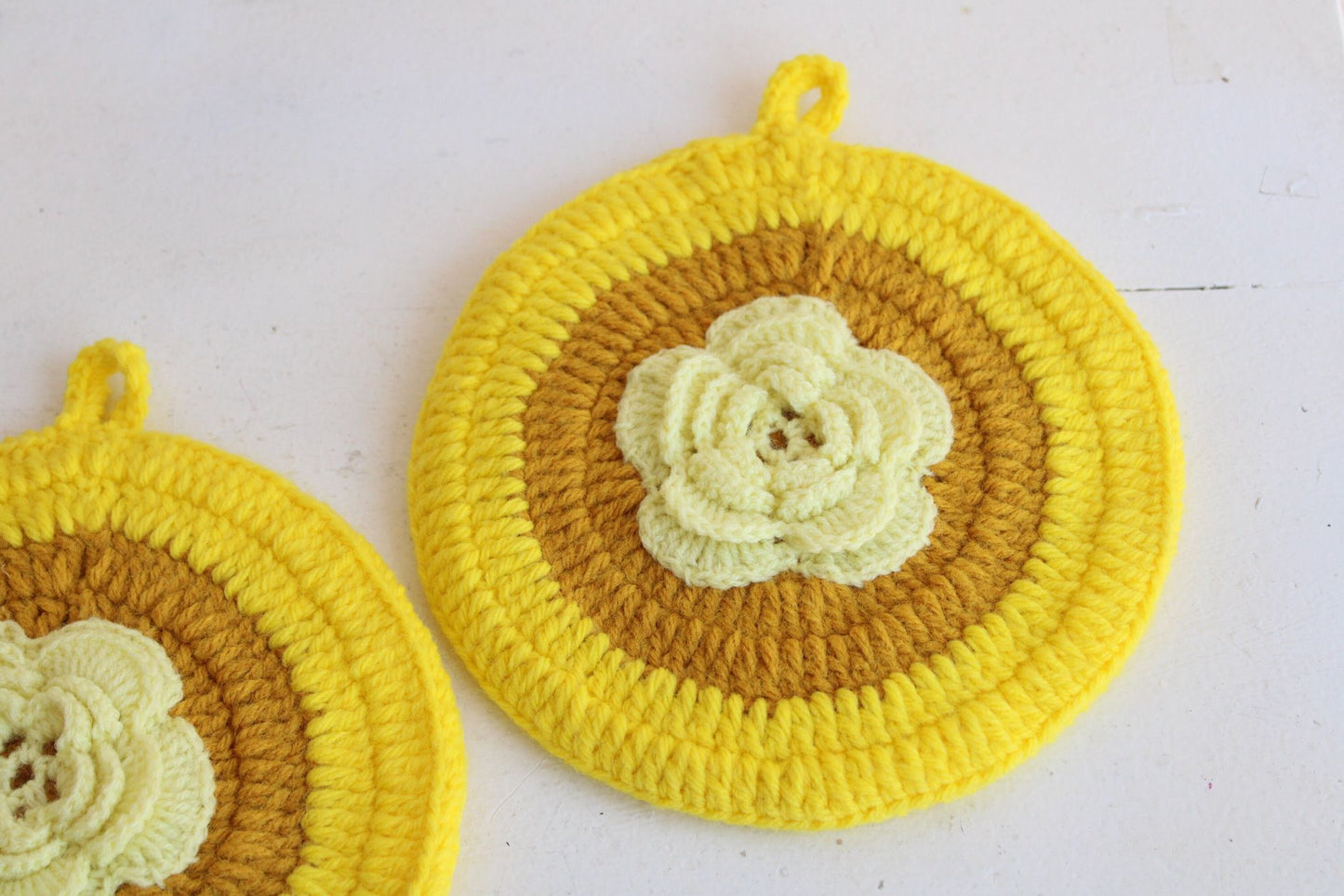 Vintage 1960s Crochet Yellow Flower Hot Pads