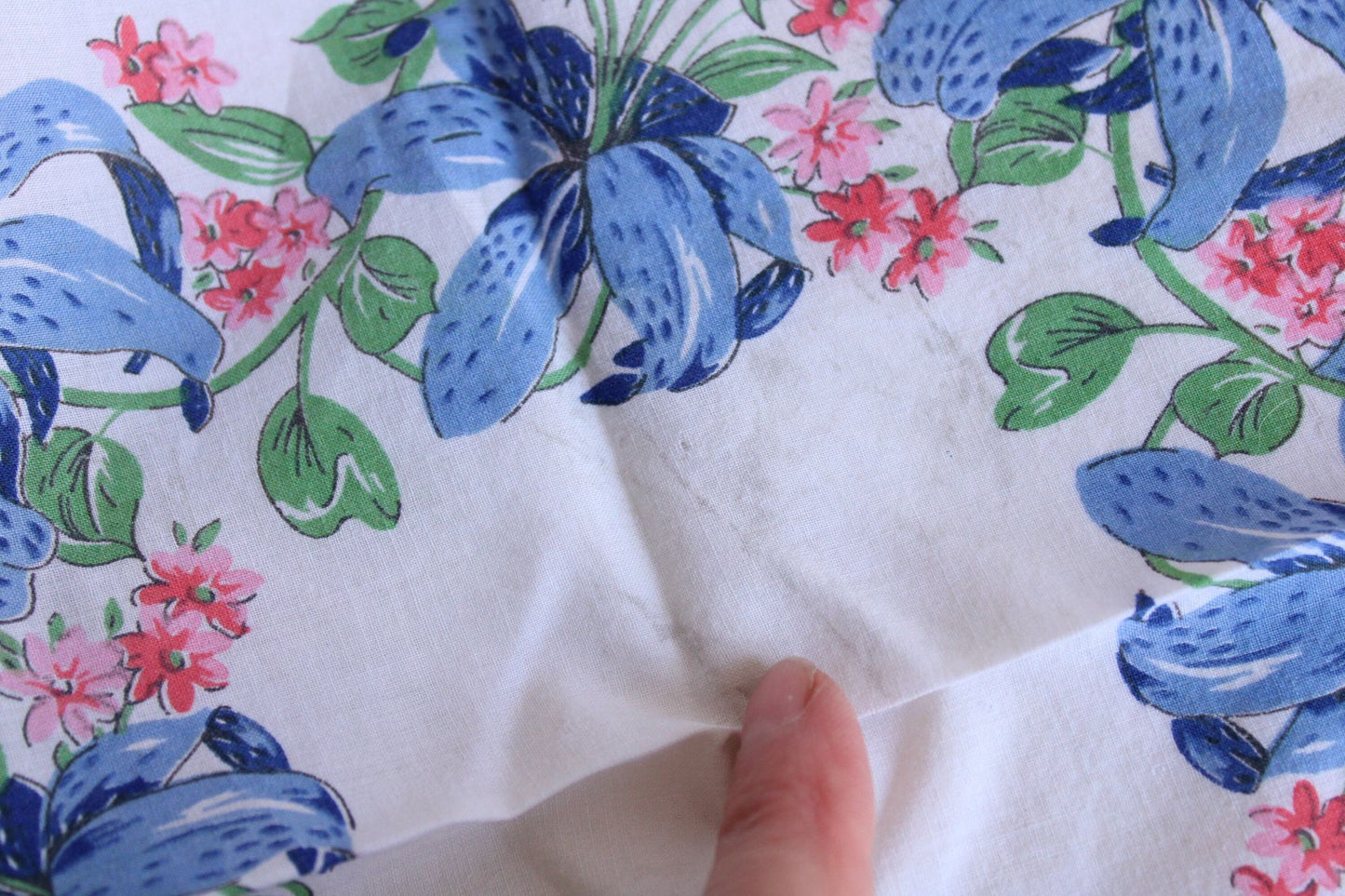Vintage Cotton Handkerchief with Blue and Pink Flowers
