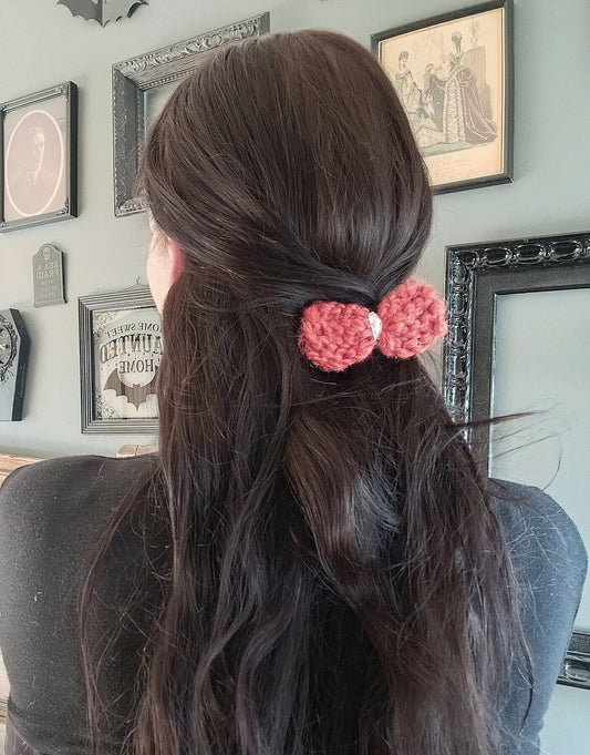 "Burnt Pumpkin" Rust Hand Knit Hair Bow on Clip