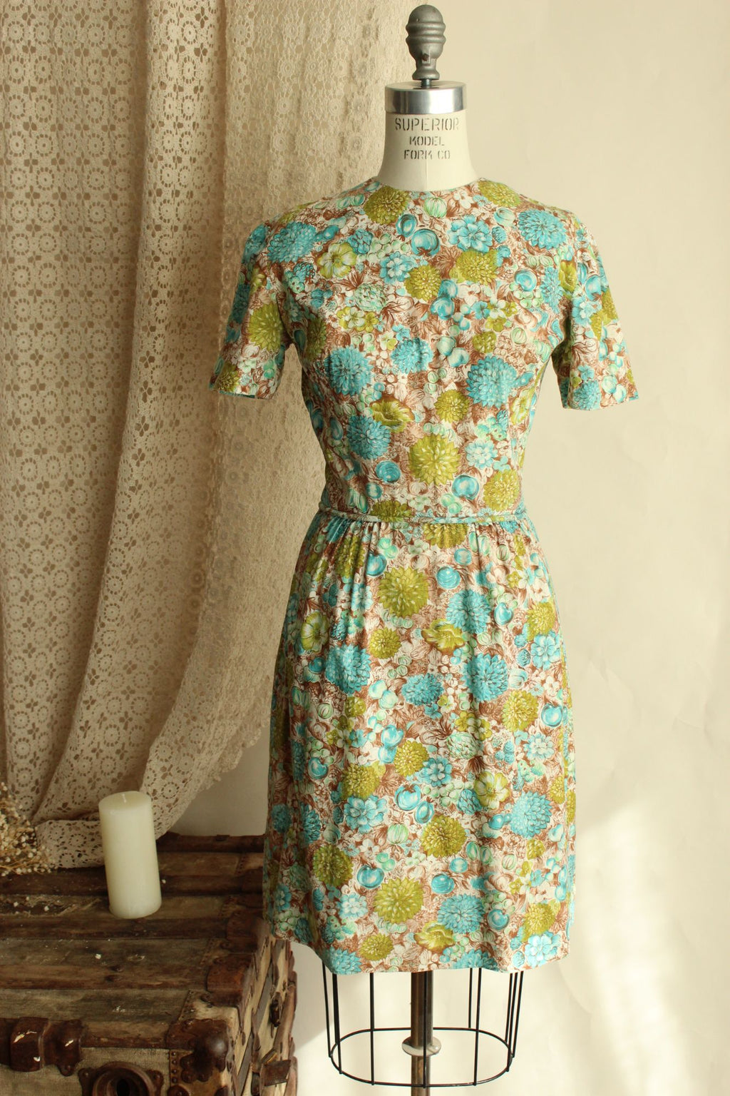 Vintage 1960s Green and Blue and Brown Floral and Fruit Print Wiggle Dress