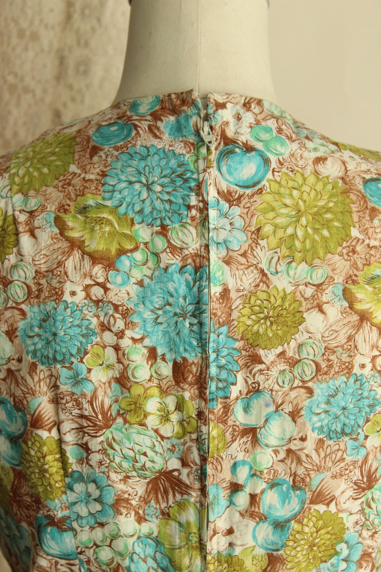Vintage 1960s Green and Blue and Brown Floral and Fruit Print Wiggle Dress