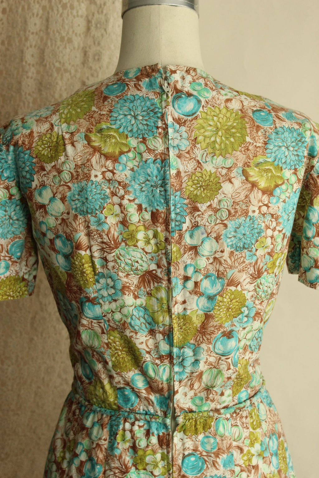 Vintage 1960s Green and Blue and Brown Floral and Fruit Print Wiggle Dress
