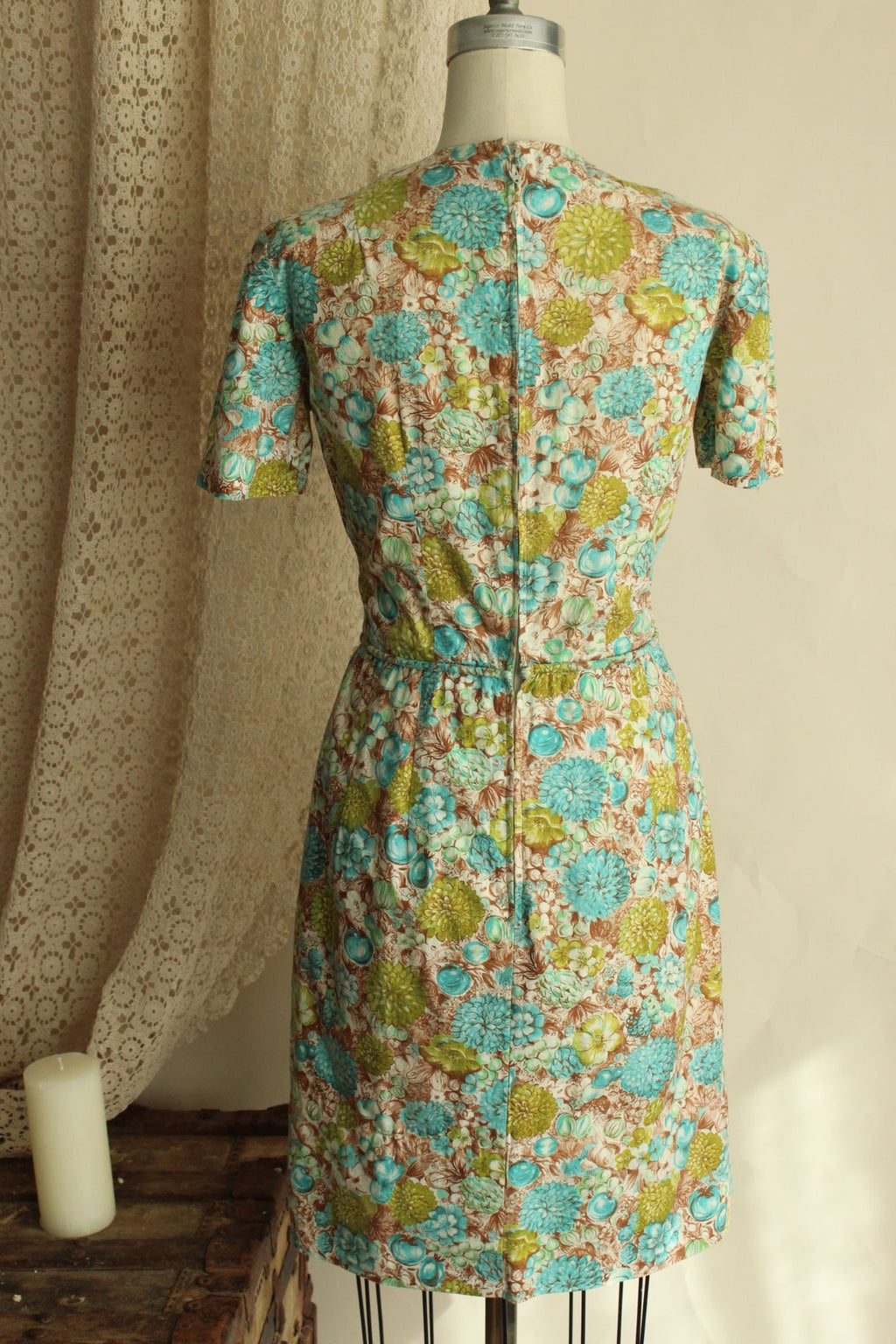 Vintage 1960s Green and Blue and Brown Floral and Fruit Print Wiggle Dress