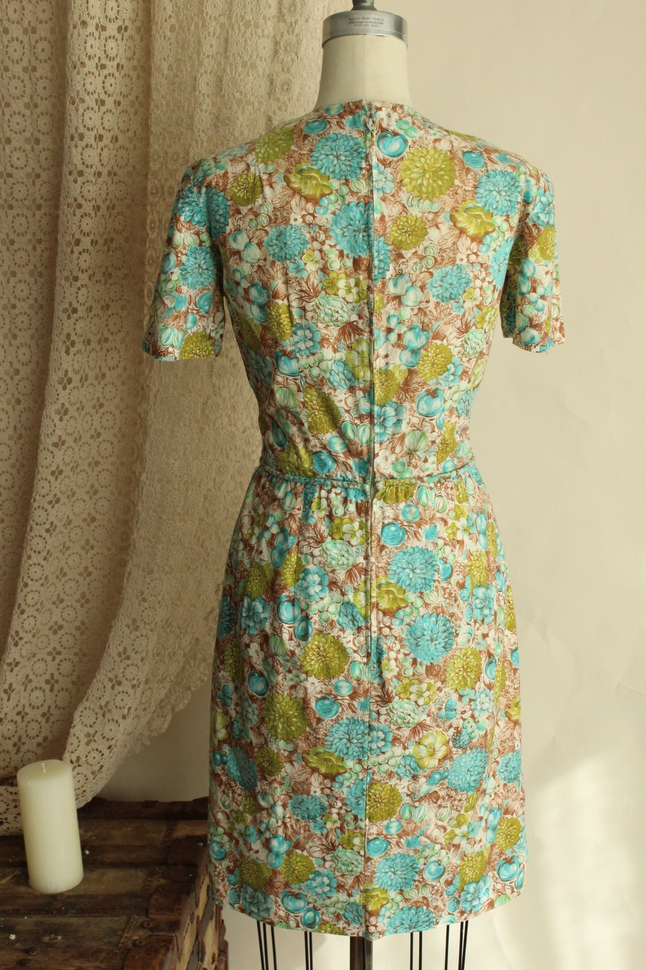 Vintage 1960s Green and Blue and Brown Floral and Fruit Print Wiggle Dress