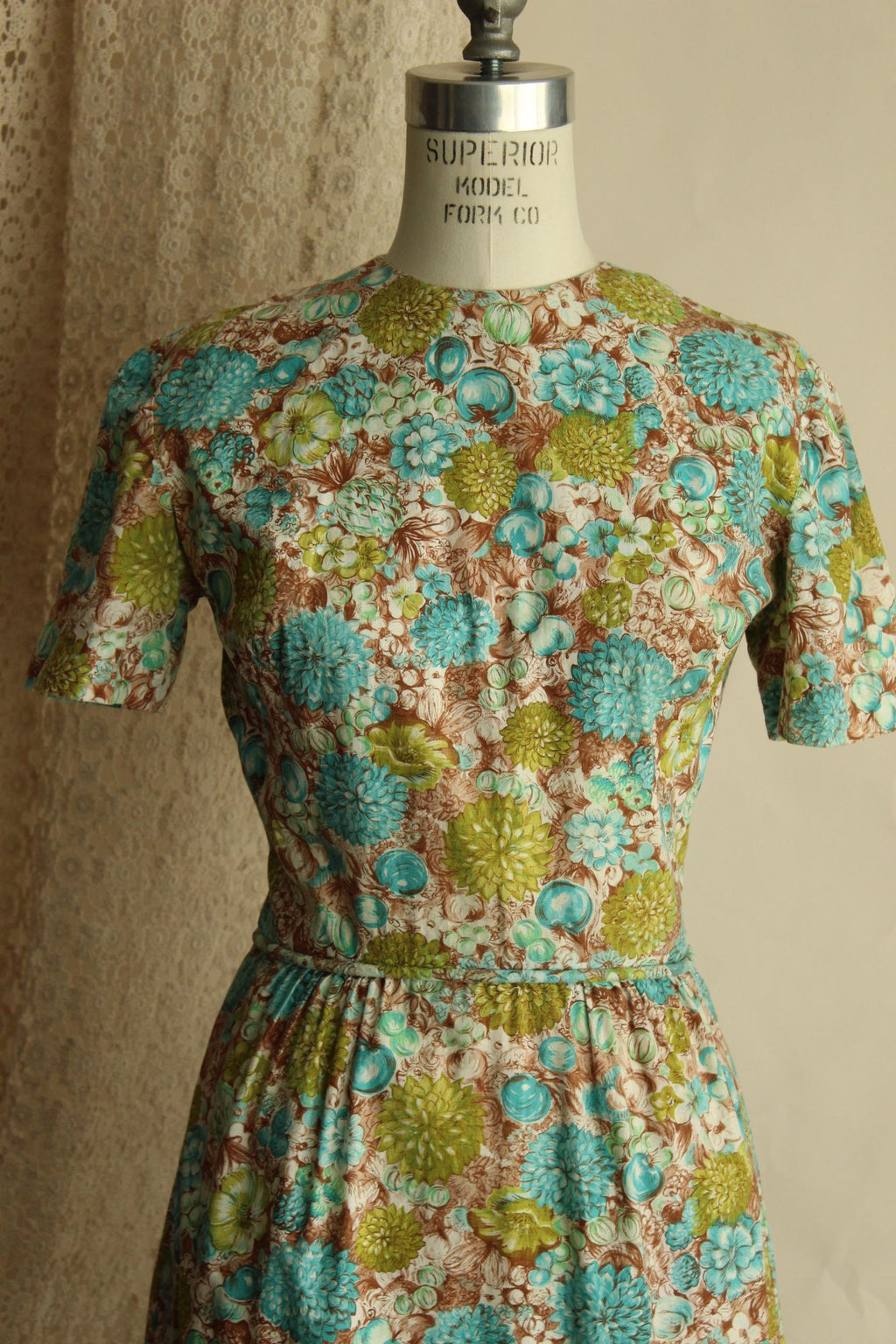 Vintage 1960s Green and Blue and Brown Floral and Fruit Print Wiggle Dress
