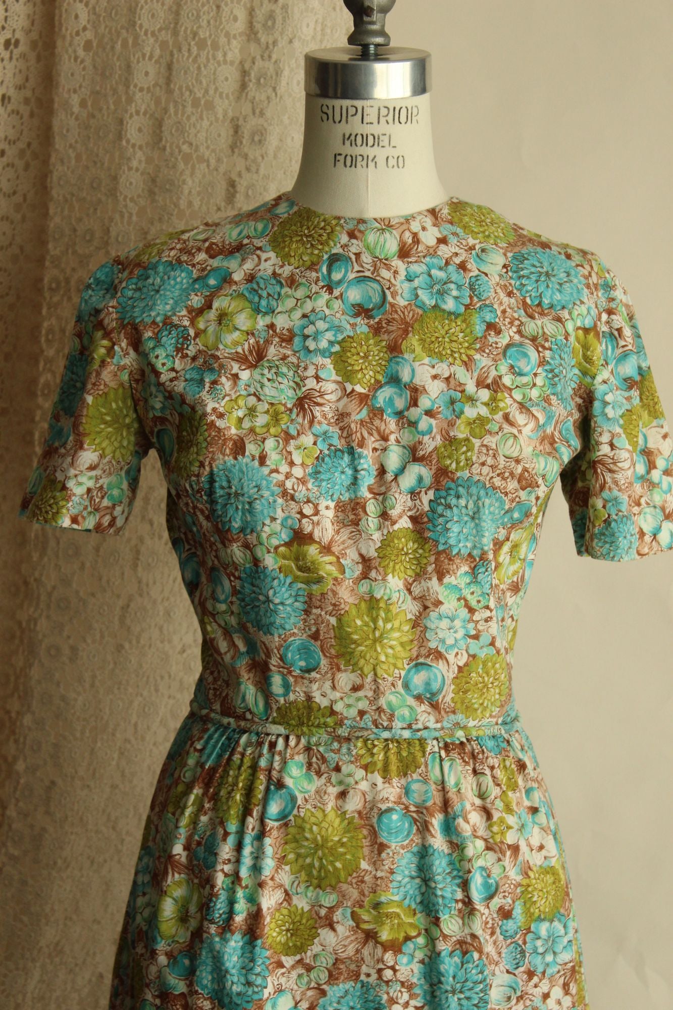 Vintage 1960s Green and Blue and Brown Floral and Fruit Print Wiggle Dress