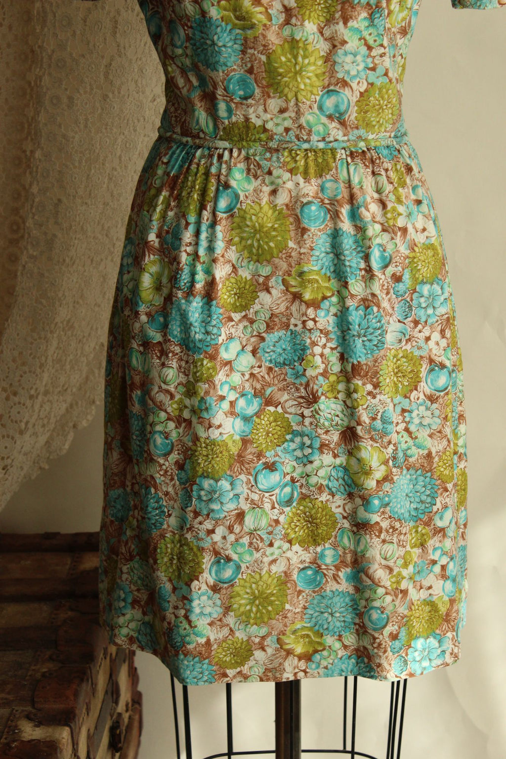 Vintage 1960s Green and Blue and Brown Floral and Fruit Print Wiggle Dress
