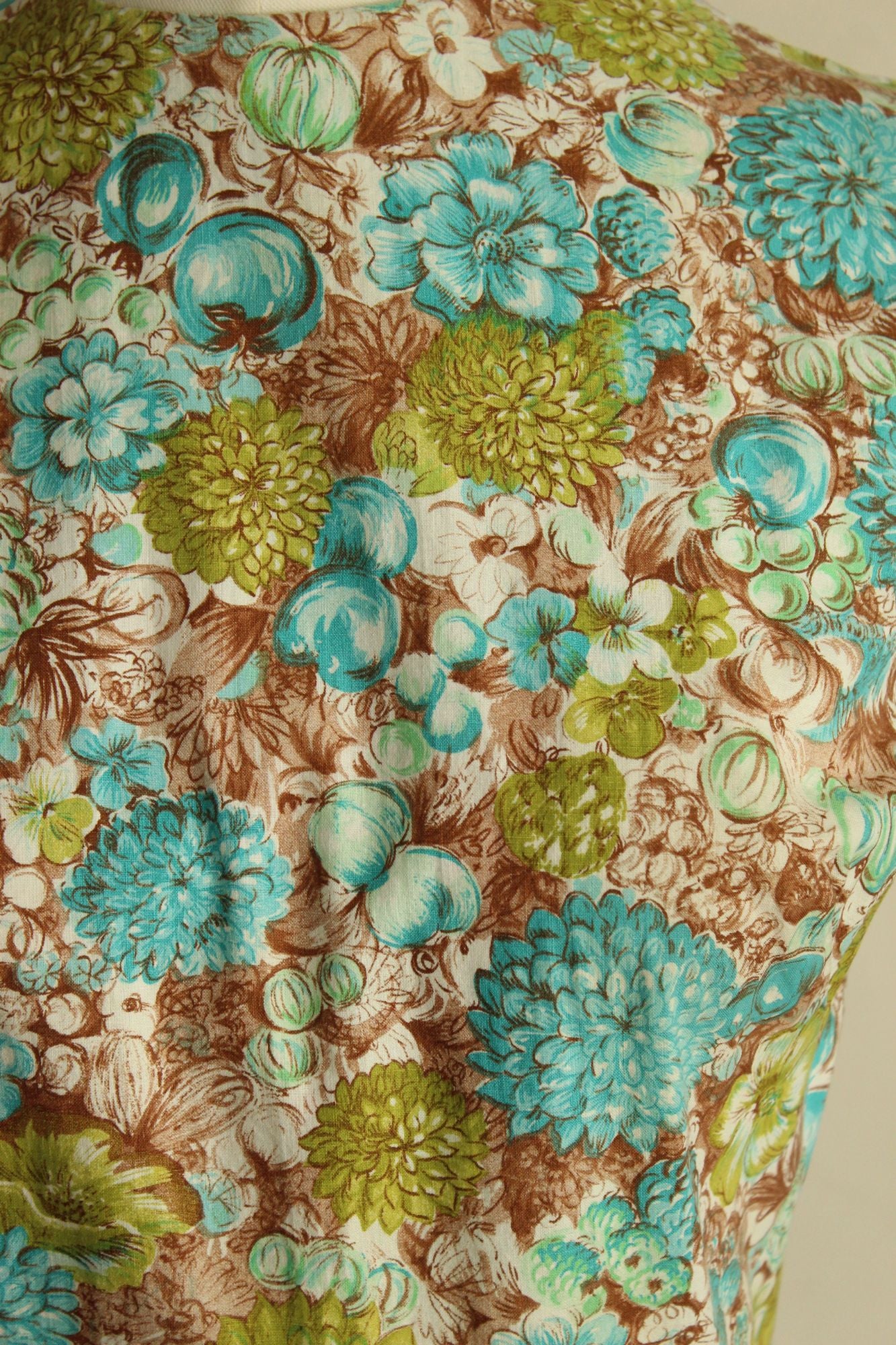 Vintage 1960s Green and Blue and Brown Floral and Fruit Print Wiggle Dress