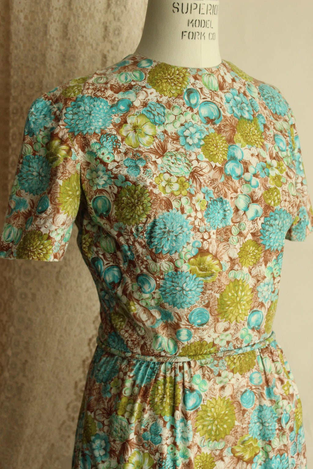 Vintage 1960s Green and Blue and Brown Floral and Fruit Print Wiggle Dress