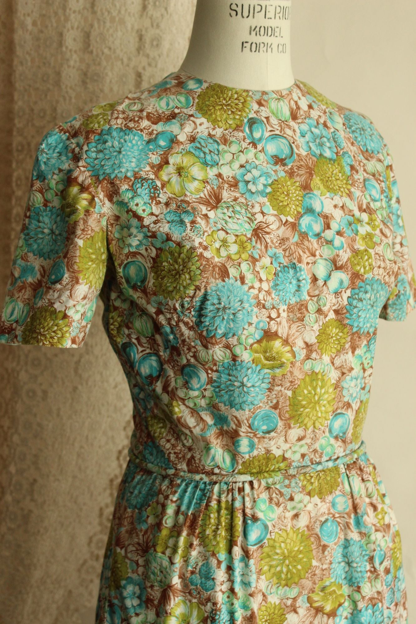 Vintage 1960s Green and Blue and Brown Floral and Fruit Print Wiggle Dress