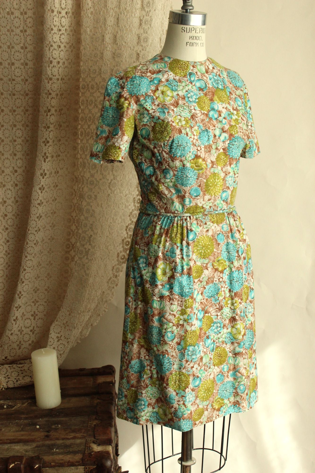 Vintage 1960s Green and Blue and Brown Floral and Fruit Print Wiggle Dress