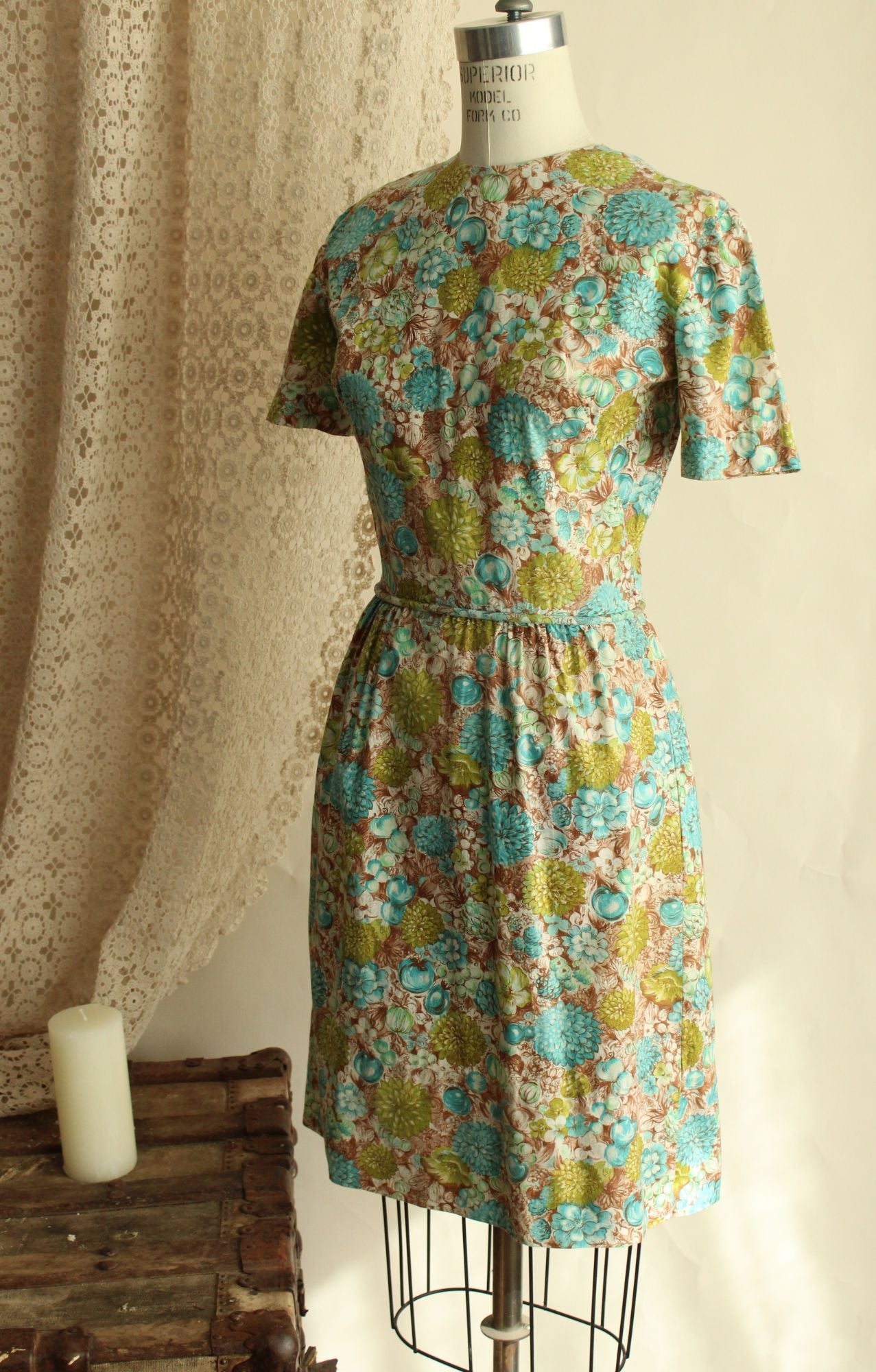 Vintage 1960s Green and Blue and Brown Floral and Fruit Print Wiggle Dress