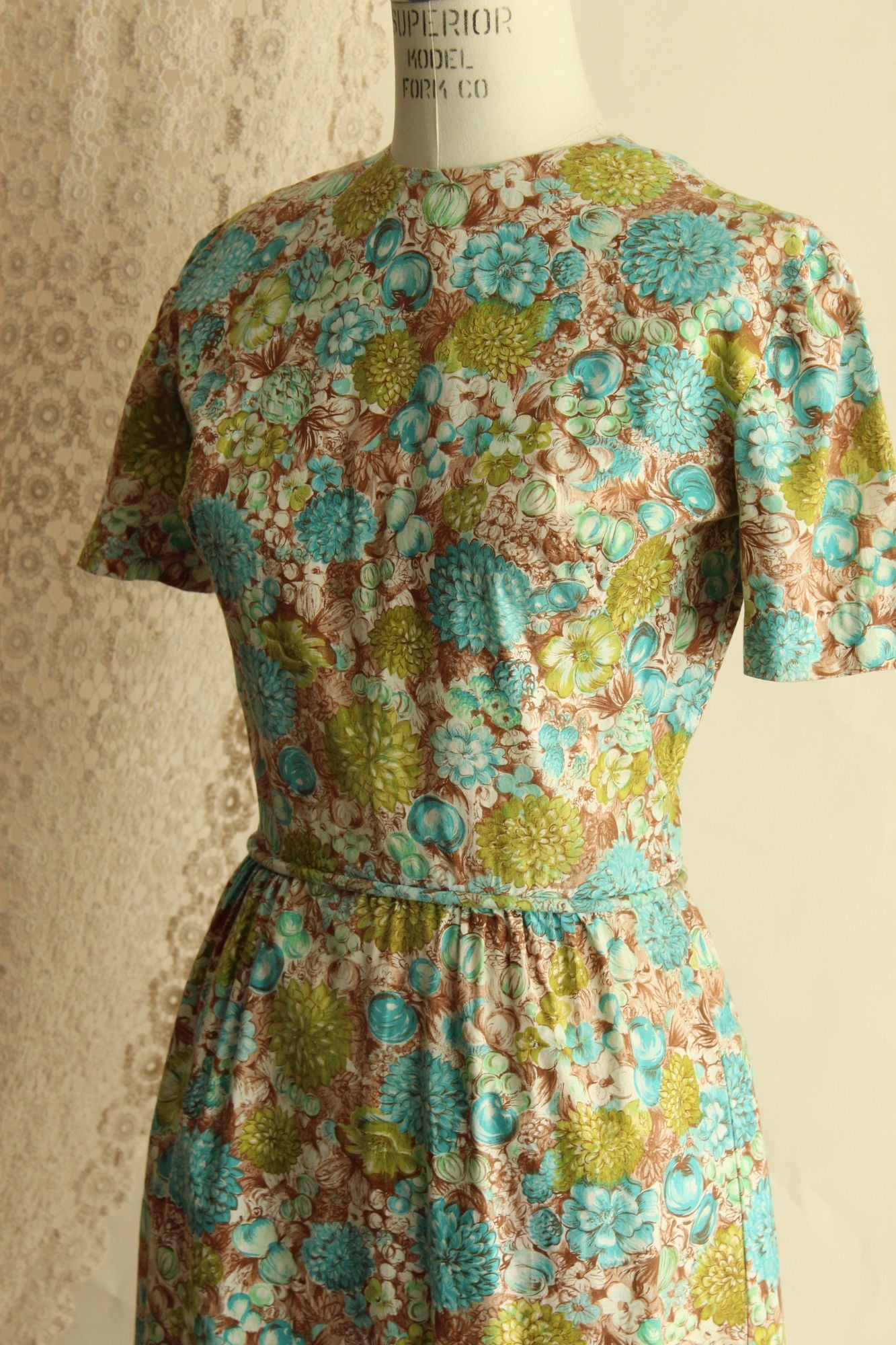 Vintage 1960s Green and Blue and Brown Floral and Fruit Print Wiggle Dress