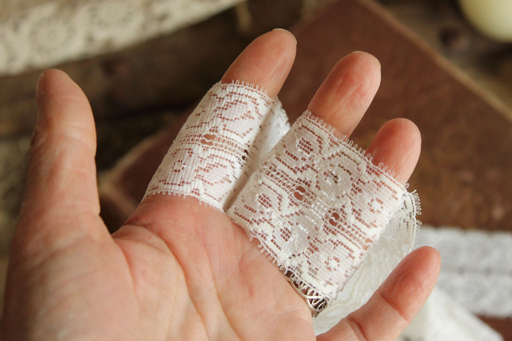 Vintage White Stretch Lace Trim, 3 yards,  1 and 7/8" wide
