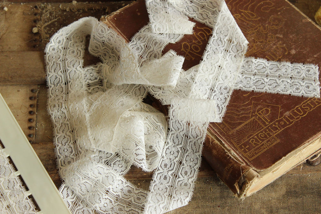 Vintage White Stretch Lace Trim, 3 yards,  1 and 7/8" wide